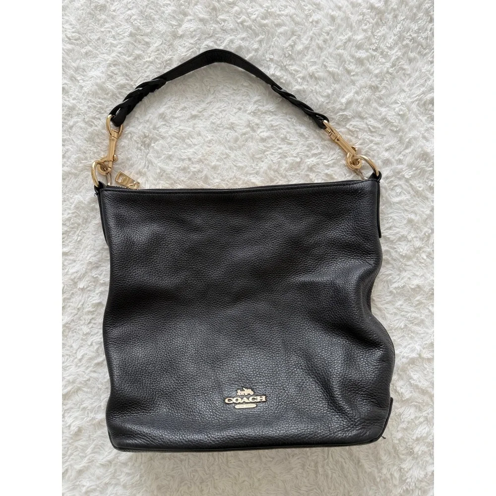 Coach Shoulder Bag Womens Large Pebbled Leather Braided Strap Black Excellent